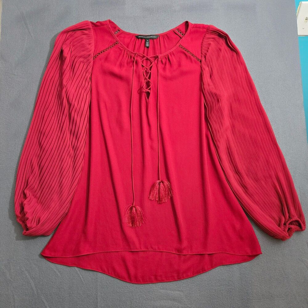 WHBM Women 14 Red Semi Sheer Pleated Long Sleeve Lace Up Tassel Neck Blouse
